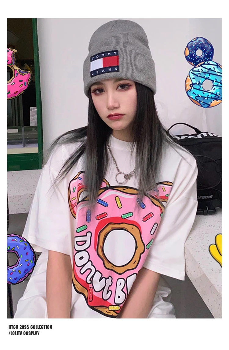 

Summer Fashion Cartoon Doughnut Bear Print Short Sleeve Cute Casual Loose Couple T-shirt