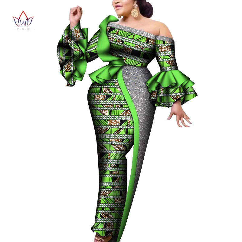 

BRW African Maxi Dress Bazin Riche Lotus Sleeve Print Wax Long Dresses Off Sshoulder Plus Size 7XL Africa Clothing WY8086