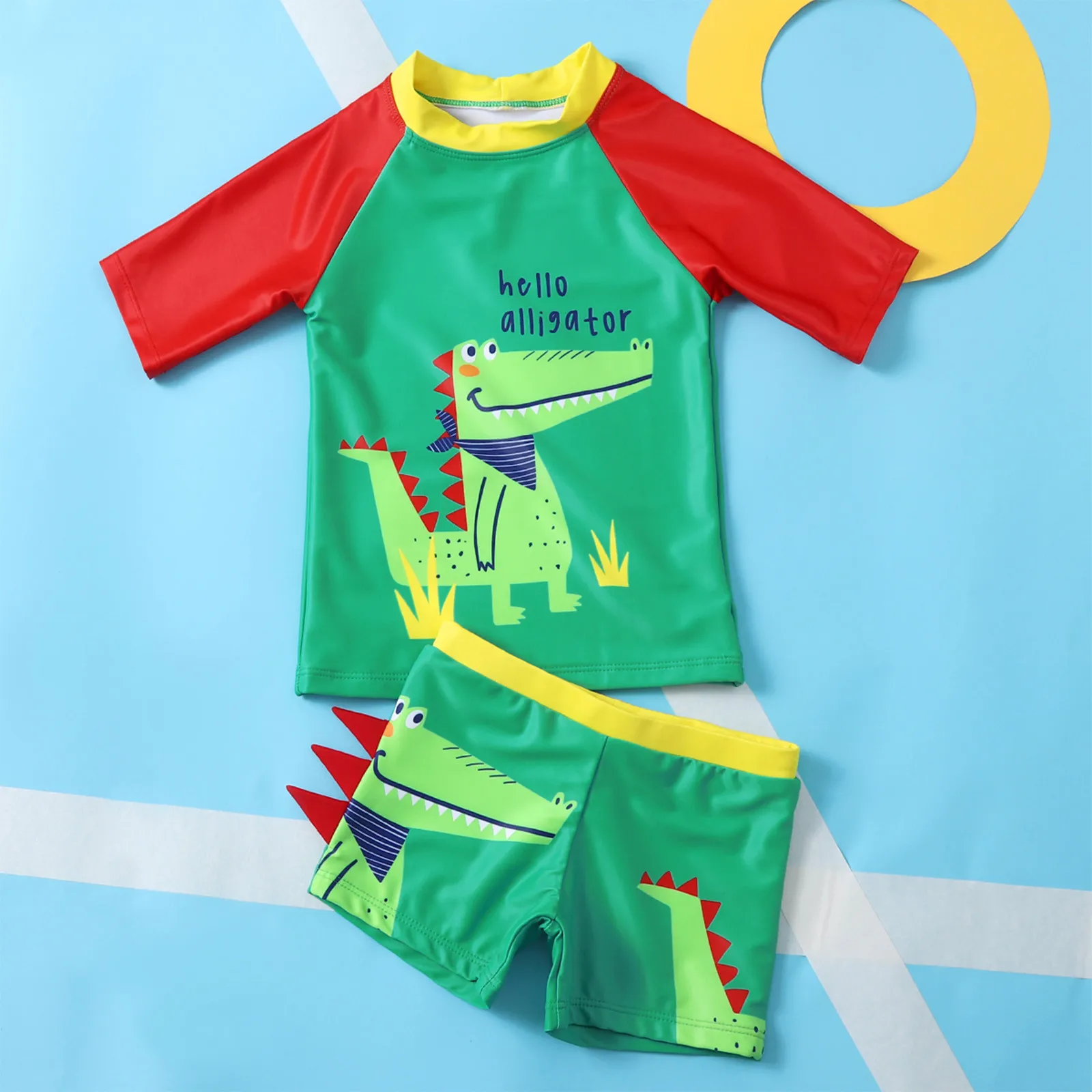 

TELOTUNY Swimwear Toddler Kids Baby Boys Cartoon Letter dinosaur printed Short Sleeve Two Piece Swimsuit Summer Outfits Sets