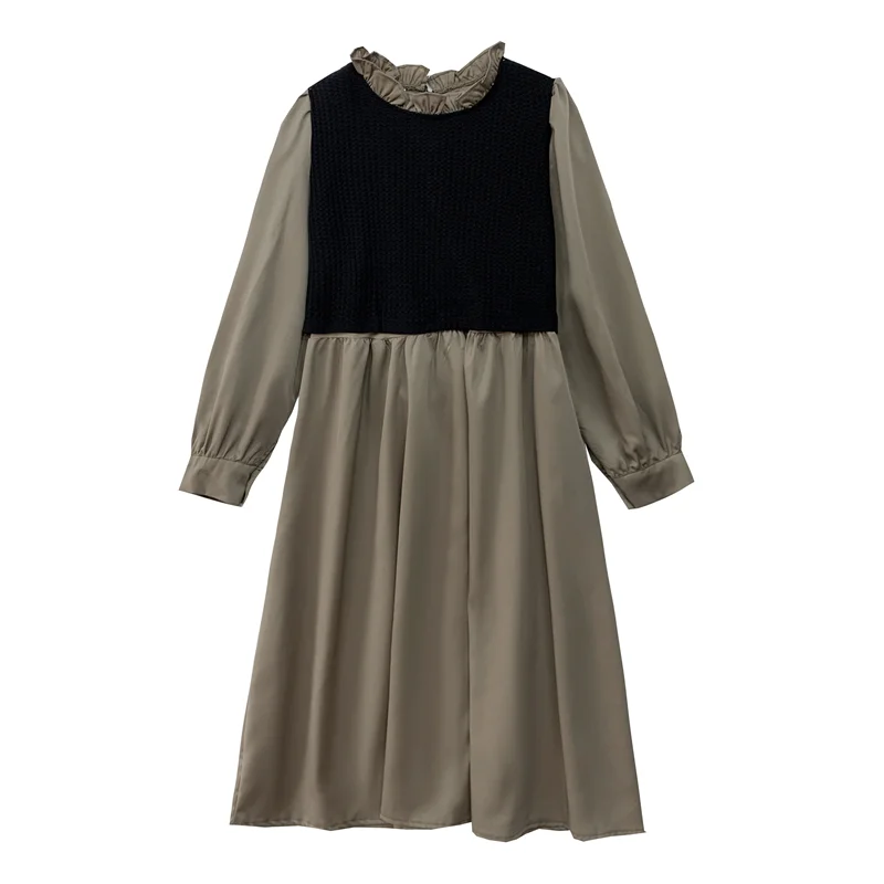 

ICHOIX Fake Two Piece Dress Autumn Female Long Sleeve Korean Style Dresses Fashion High Street Wear Slim Waist Dress Office Wear