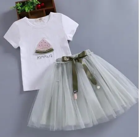 greenwatermelon MERI AMMI/комплект из 2 предметов; детская одежда для девочек; комплект одежды; футболка без рукавов с цветочным рисунком+ юбка с цветочным рисунком для От 2 до 13 лет девочек - Цвет: greenwatermelon