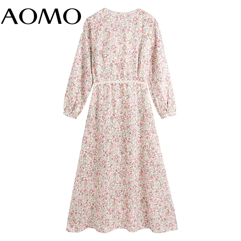 

AOMO 2021 Fashion Women Flowers Print Lace Patchwork Dress V Neck Three Quarter Sleeve Ladies Midi Dress CE302A