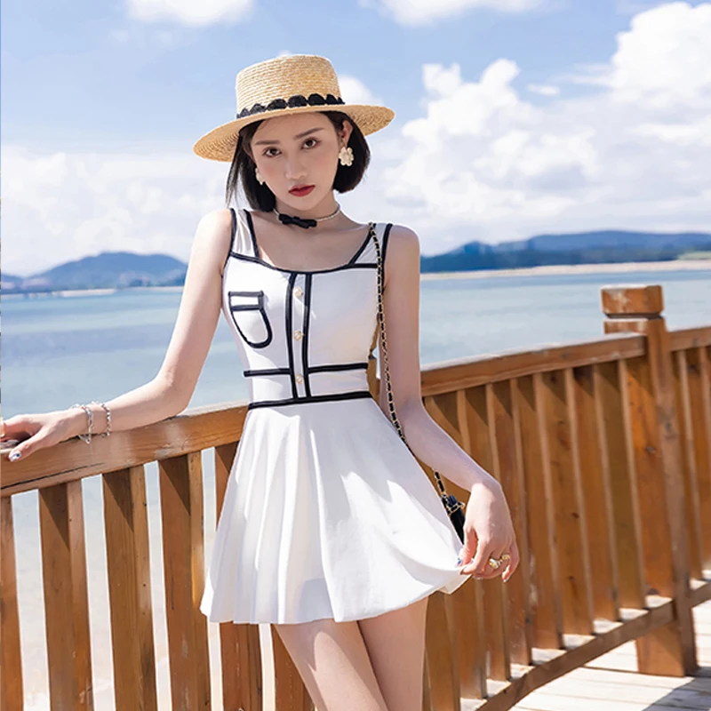 

Women's Sexy Summer Bathing Suit Push Up One Piece Swimsuit Solid Swimwear Swimsuit with Skirt Swim Suit Dress Buttons