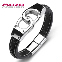 fashion men handcuffs bracelet black leather stainless steel magnet buckle charm bracelets man cross punk jewelry ps2117