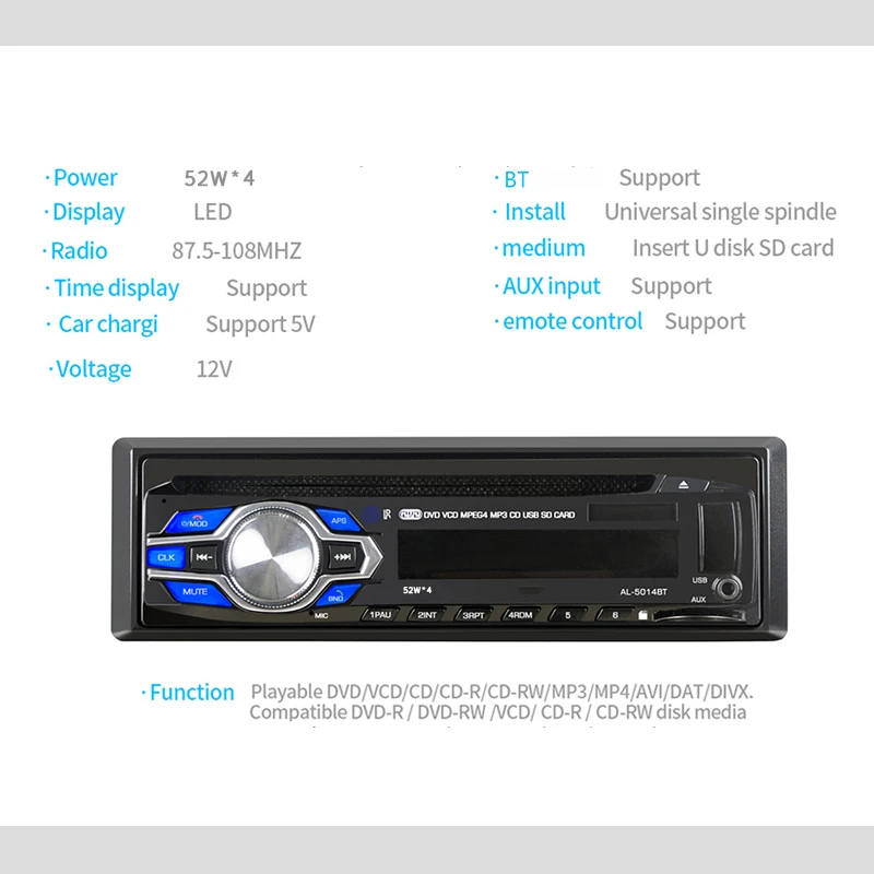 Bluetooth автомобильный Радио плеер 12 в автомобильный аудио стерео радио AUX-IN/USB/DVD/VCD/CD/MP3