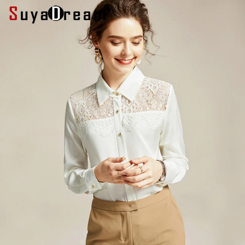 Однотонные шелковые блузки SuyaDream офисная блузка из 100% шелка с длинными рукавами и