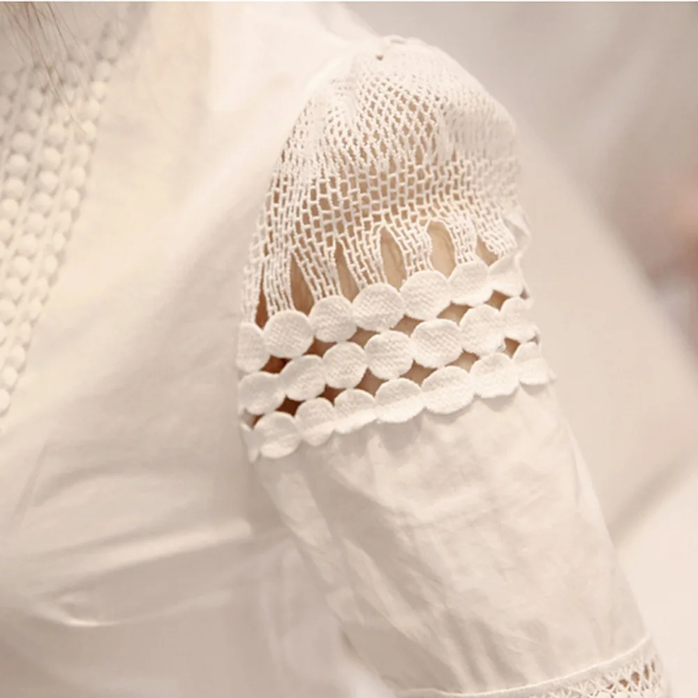 

O Fashion Elegant Women Shirt Crochet Slim Tops Solid Embroidery Long Sleeve Formal White Blouse