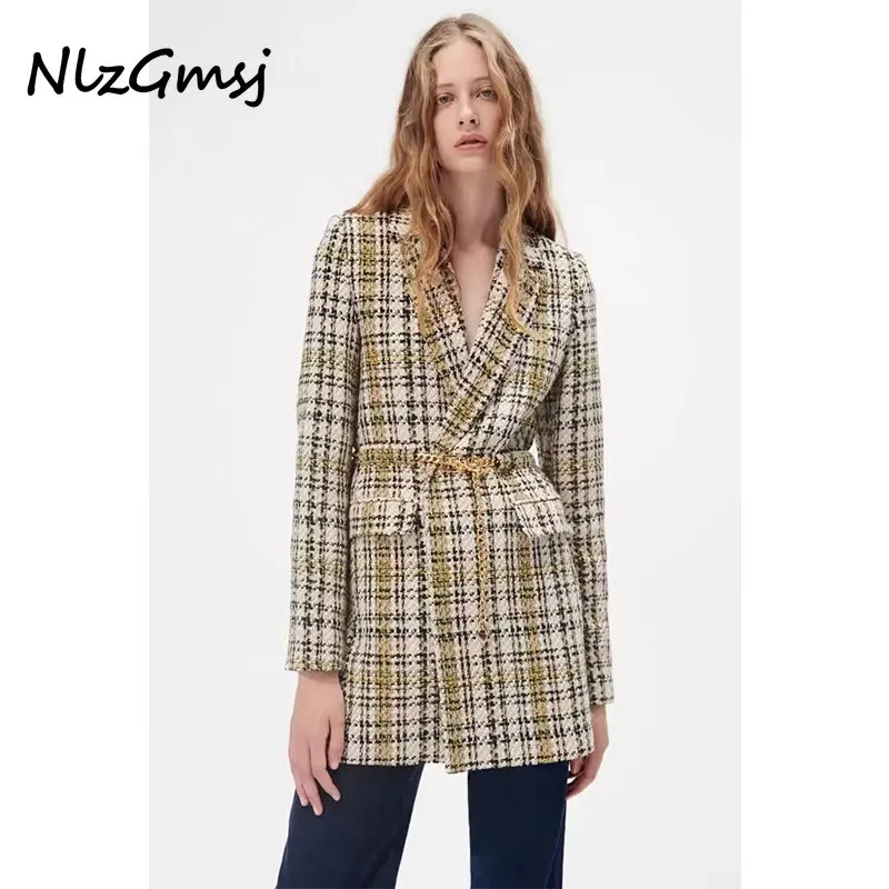 

Женский твидовый Блейзер Nlzgmsj Za, элегантный винтажный офисный осенний пиджак, пальто, верхняя одежда, женские шикарные топы 2021, 202110