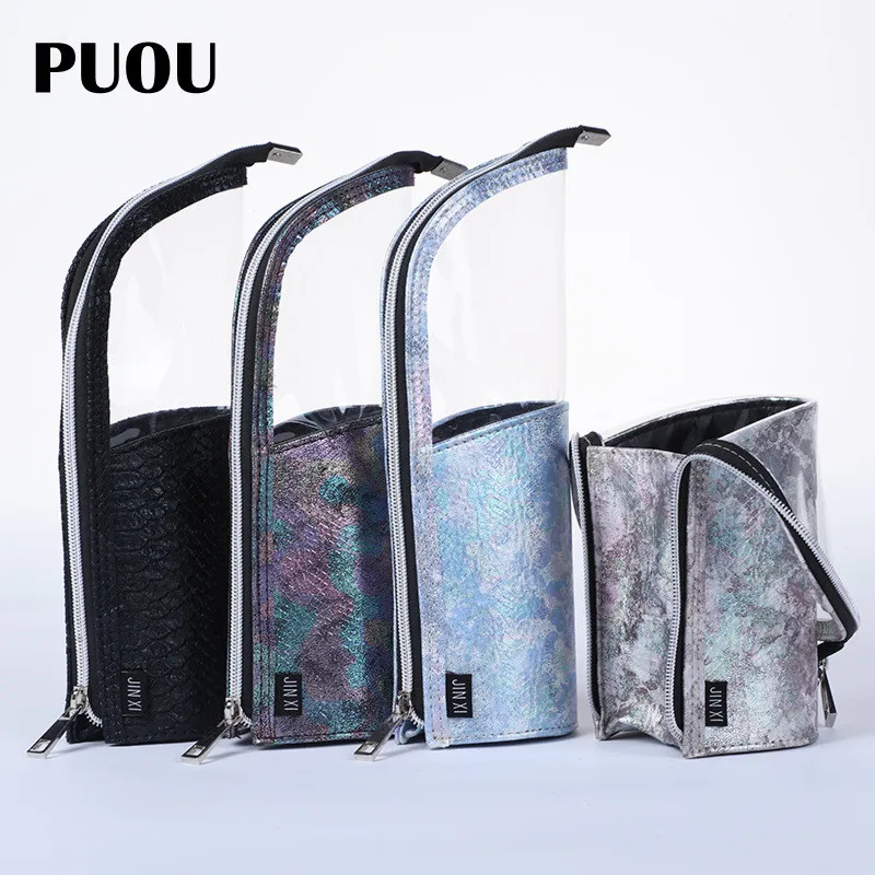 

PUOU Fashion Snake pattern Cosmetic Bags Multifunctional Bucket Makeup Bag Women Zipper Make Up Case Travel Portable Makeup Case