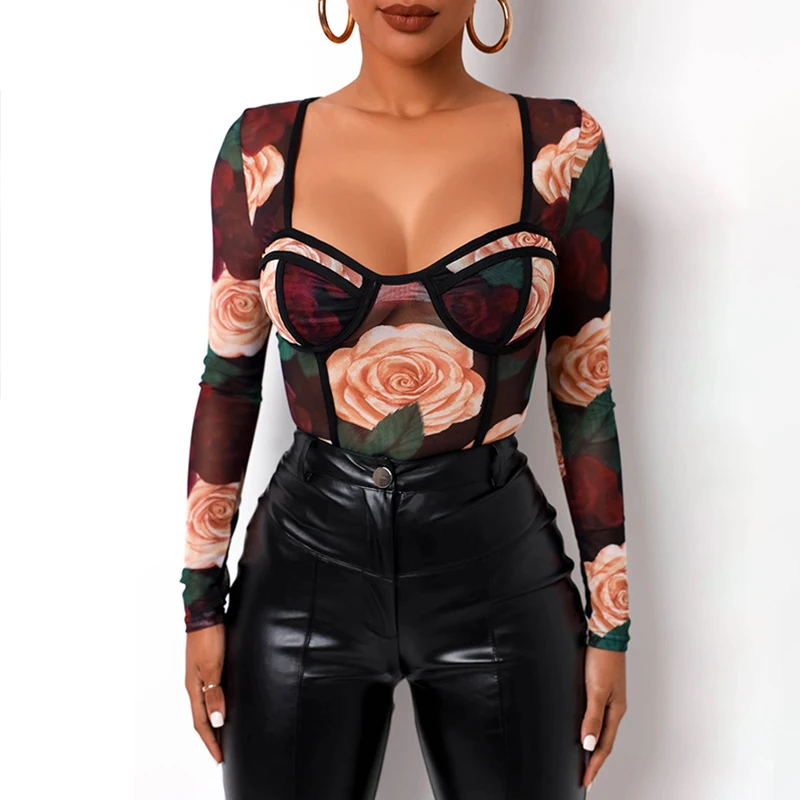 

2021 New V-neck See Through Mesh Floral Print Women's Mini Dresses Club Party Fashion Elegant Sexy Dress