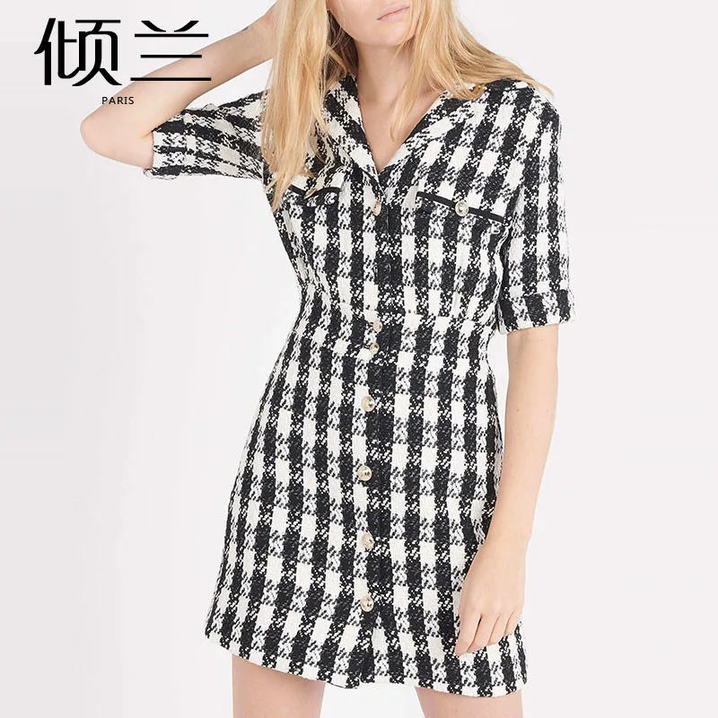 

Patads light luxury French dress spring and summer short sleeve Lapel Plaid small fragrance short skirt women