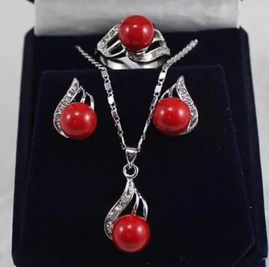 Jewelry Pearl Set Genuine 10mm Coral Red South Sea Shell CZ Earrings Necklace Ring | Sets