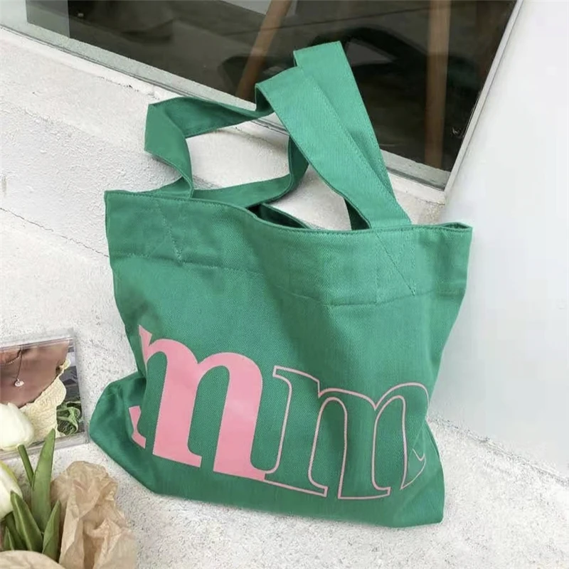 Women High-capacity Canvas Tote Bag Shoulder Shopping Traveling Students Books Fashion Ins Girls Letters Green Portable