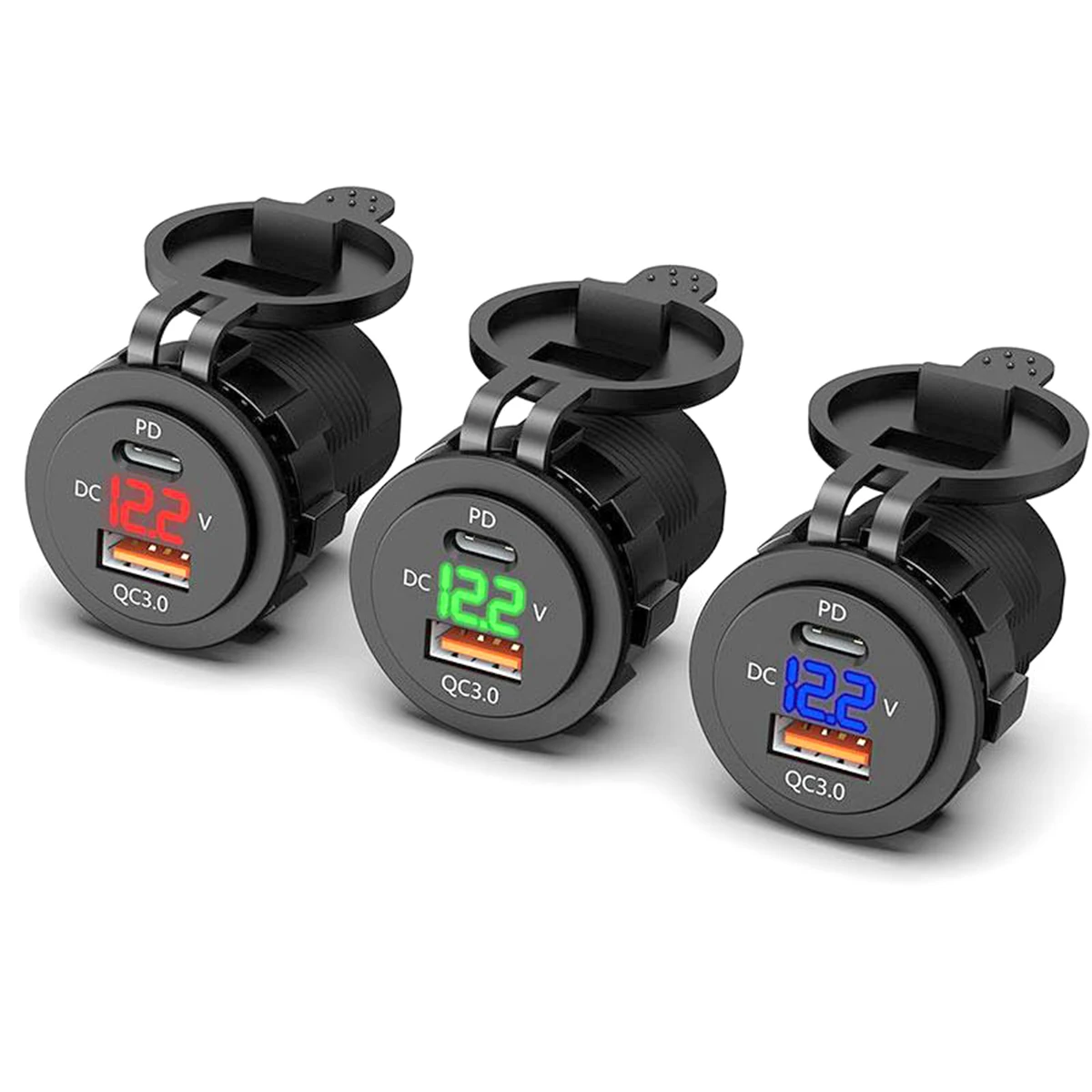 

The USB Charger Supports Type-C+PD Charging And QC3.0 Fast Charging Socket, With LED Voltmeter, For 12/24V Car And Motorcycle