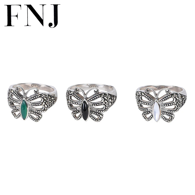 

FNJ Black Green Agate Ring 925 Silver Original S925 Sterling Silver Rings for Women Jewelry USA size 7-9 MARCASITE Butterfly