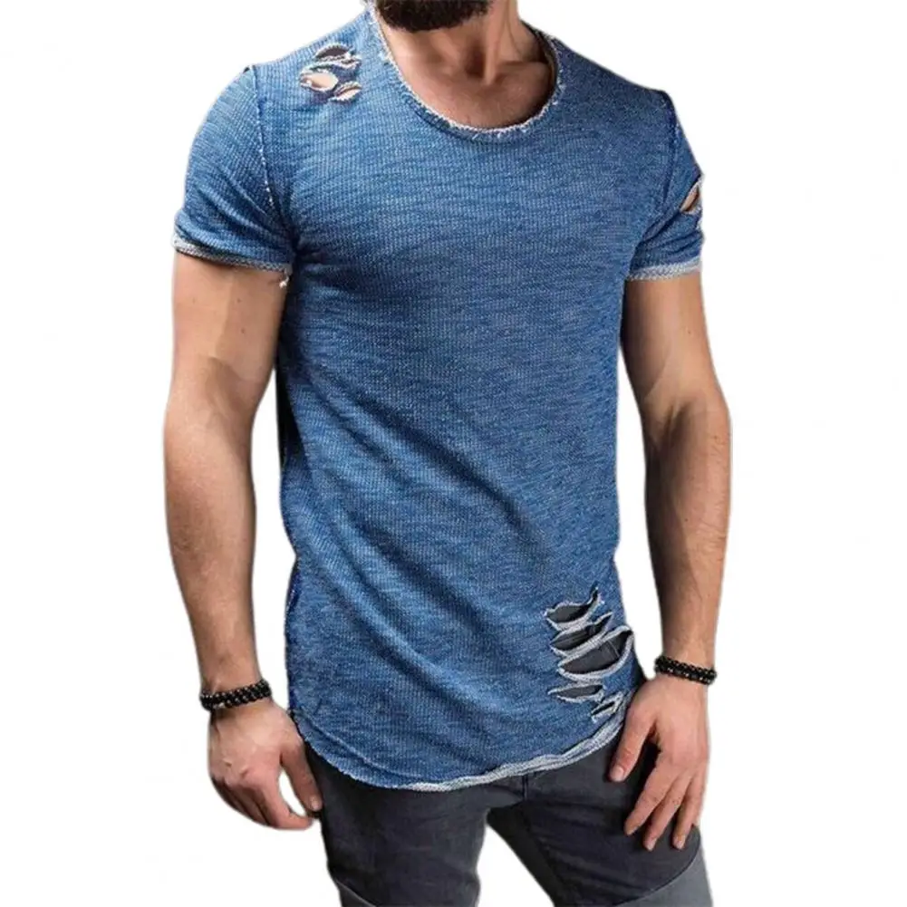 

80%HOTSummer T-shirt Solid Color Short Sleeve Cotton Blend Hole Design Top Pullover for Men