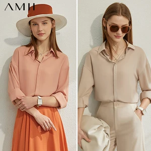 Женская однобортная рубашка AMII, минималистская Однотонная рубашка с отложным воротником и длинными рукавами, весна-лето, 12070205