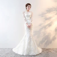 white floral print wedding dress full sleeves o neck floor length fashion lace up mermaid plus size wedding gowns for women g049