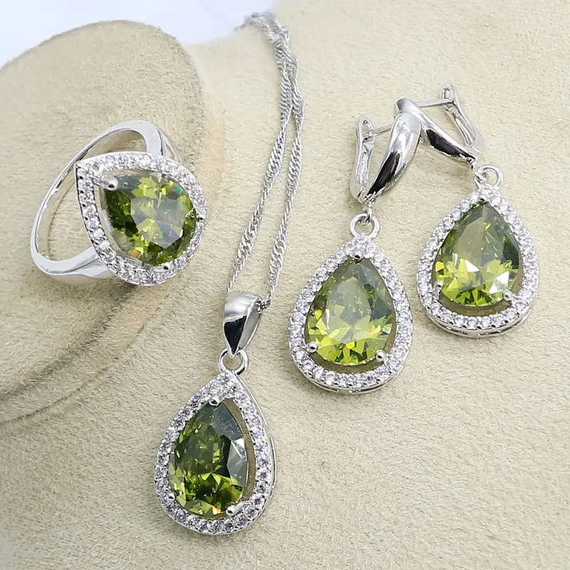 Набор классических ювелирных изделий оливкового цвета с кубическим цирконием