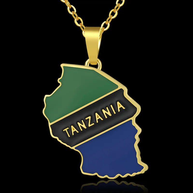 

World Map Tanzania Africa Flag Pendant Necklace Stainless Steel Cuban Link Chain Punk Color Dripping Oil Necklaces For Women