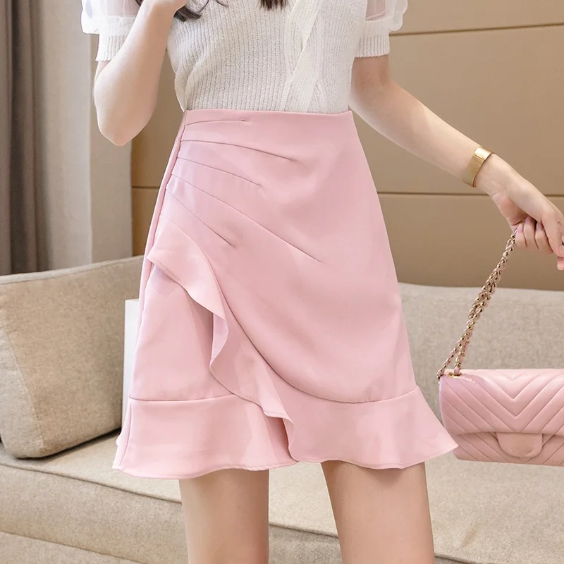 

Women Fashion Solid Color A-line Pleated Summer Short Skirts Elegant Ruffled High Waist Mini Skirt Female Casual Irregular Skirt