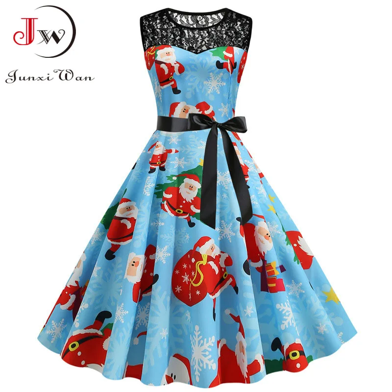 

Зимнее рождественское платье без рукавов, женское элегантное кружевное винтажное платье с принтом Санты, вечерние рождественские костюмы Vestidos