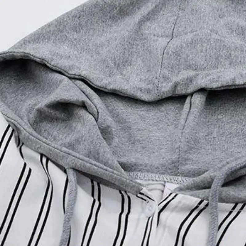 

Basic Jackets Women Long Sleeve Spring Striped Patchwork Hooded Pockets Single-breasted Fake-two Pieces Trendy Students