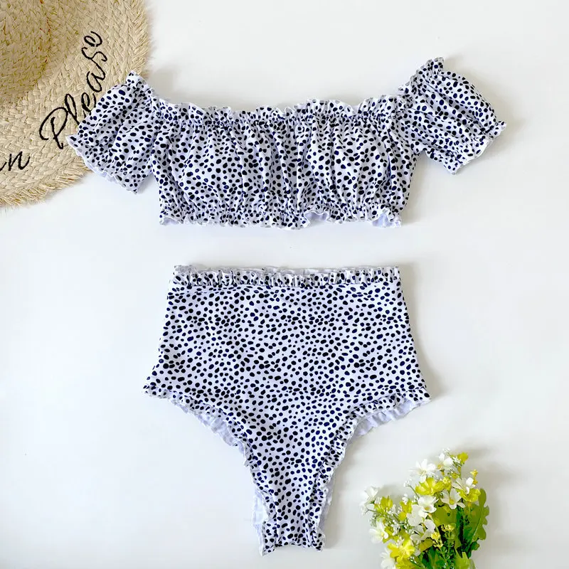 

Off Shoulder Swimsuit Sexy Polka Dot Bikini High Waist Push Up Brazilian Swimwear Women Ruffle 2 Pieces Swimsuit Triange Bikini