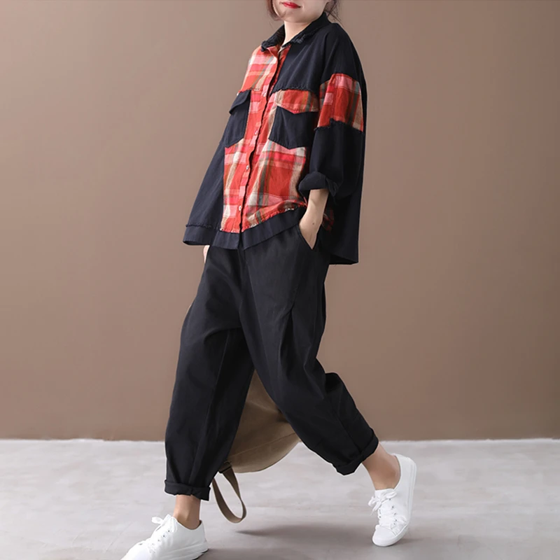 CHICEVER/винтажная клетчатая хит цвета женская рубашка воротник с лацканами длинный