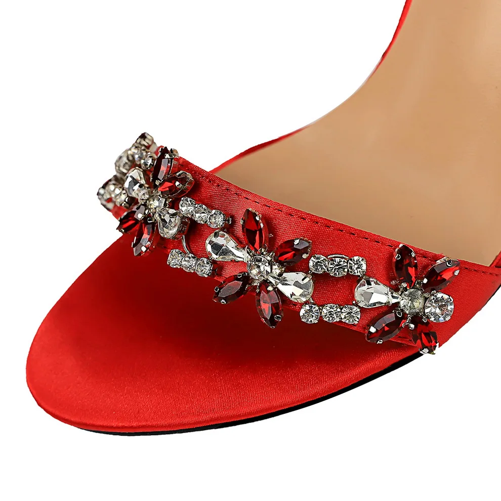 

2021 Women 9cm High Heels Crystal Sandals Wedding Bridal Stiletto Heels Sandles Glitter Prom Elegant Stripper Satin Strap Shoes