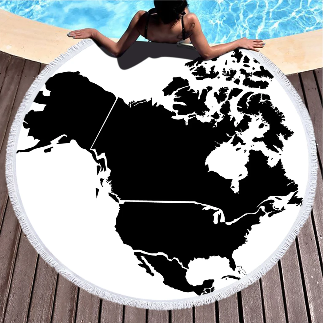 

North America Map Beach Towel Black Continent Map Microfiber Bath Towel Territory Travel World Compressed Round Beach Towel