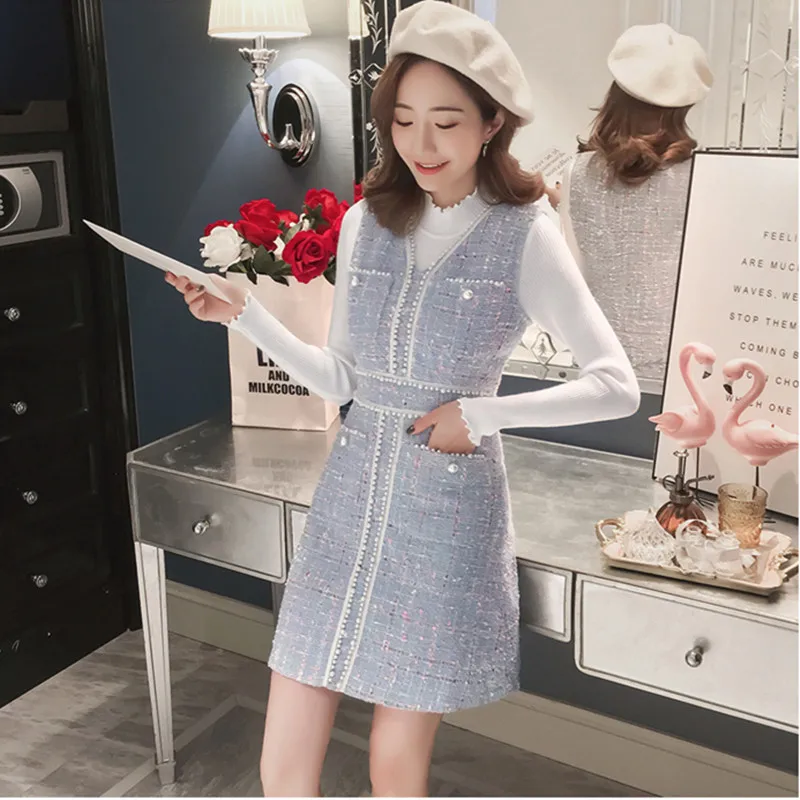 2019 осеннее модное платье высокого качества для женщин без рукавов твид