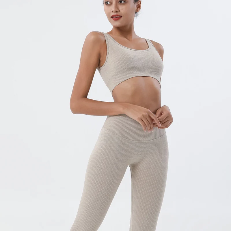 

Two Pieces Seamless Suit Work Out Running Clothing Ladies Sports Outfit Ribbed Leggings Woman Gym Set Jogging Bras For Women