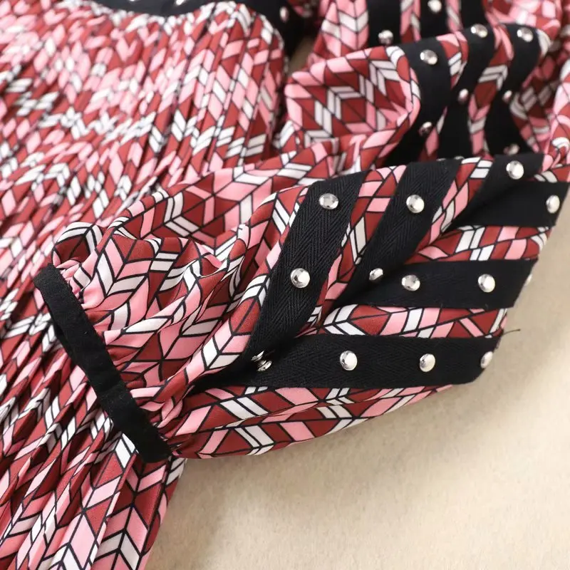 

Runway 2020 Spring Women Lantern Long Sleeve Geometry Striped Printed Retro Rivet Patchwork High Waist Female Pleated Dress