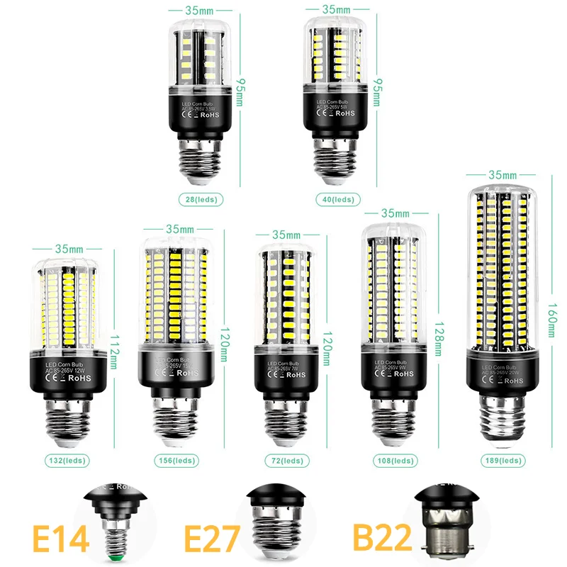 

LED Corn Light Bulbs E27 E14 B22 Screw Base SMD 5736 3W - 20W Ultra Bright Home Chandelier Table Lamp 28 - 108 189LEDs 85-265V