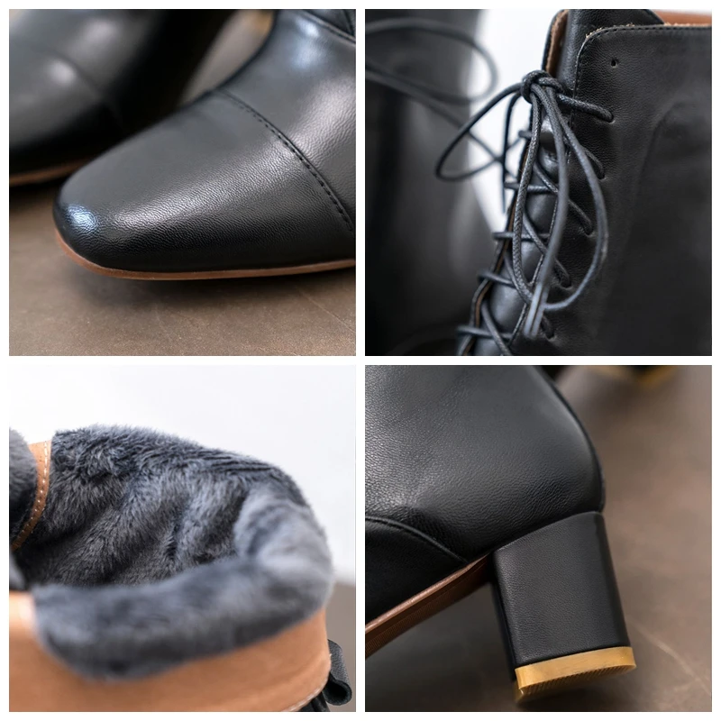 

KemeKiss Real Leather Women Ankle Boots Fashion Cross-tied Winter Warm Shoes Women Square Toe Female Daily Footwear Size 33-40