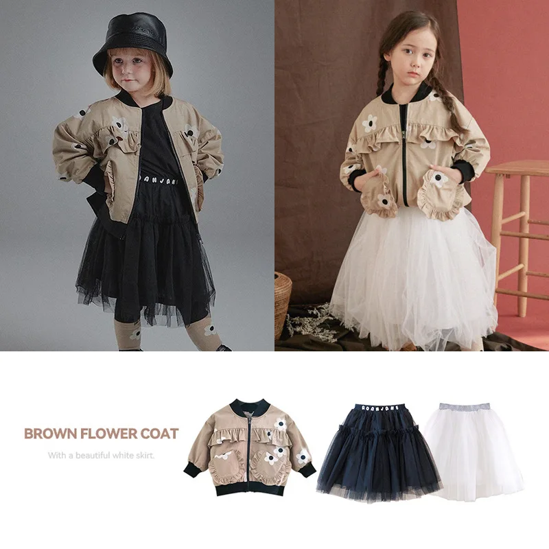 

Новинка 2021, Осенняя детская одежда, верхняя одежда для маленьких девочек, комплект из куртки на молнии и юбки, хлопковая верхняя одежда с цве...