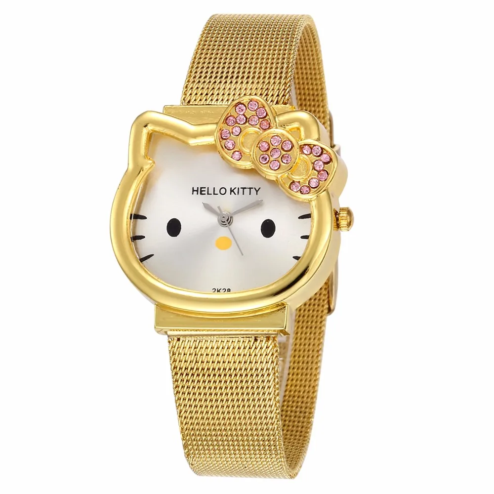 ЖЕНСКИЕ НАРЯДНЫЕ часы hello kitty, модные Мультяшные часы из нержавеющей стали с сетчатым ремешком, металлические женские часы, кварцевые часы для детей