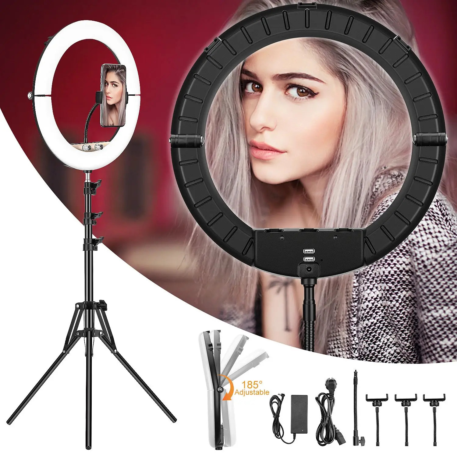 

Selfie LED Light Video Light With 1.75m Light Stand Video Ring Lamp USB Photography Ring Lighting For Live Studio Makeup Tiktok