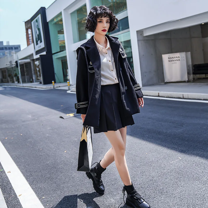 

Black College Style Women's Trench Coat Autumn Trencas Clothes Korea Ladies Windbreaker Autumn Women's Clothing Lace-up