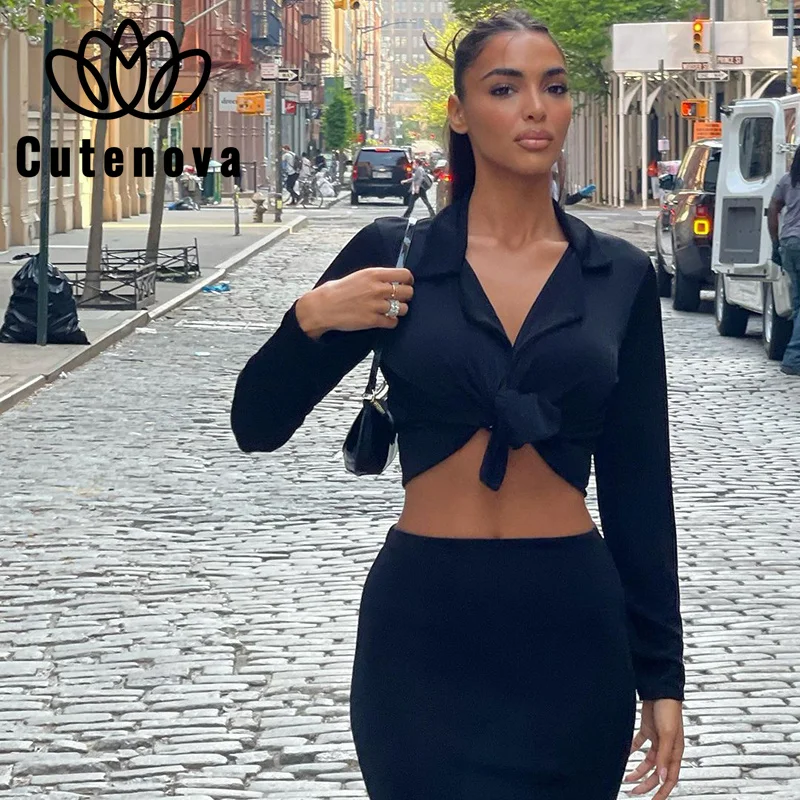 

Новинка Лето-Осень 2021, однотонный костюм CuteNova с воротником и длинными рукавами, с узлом, с эластичной талией