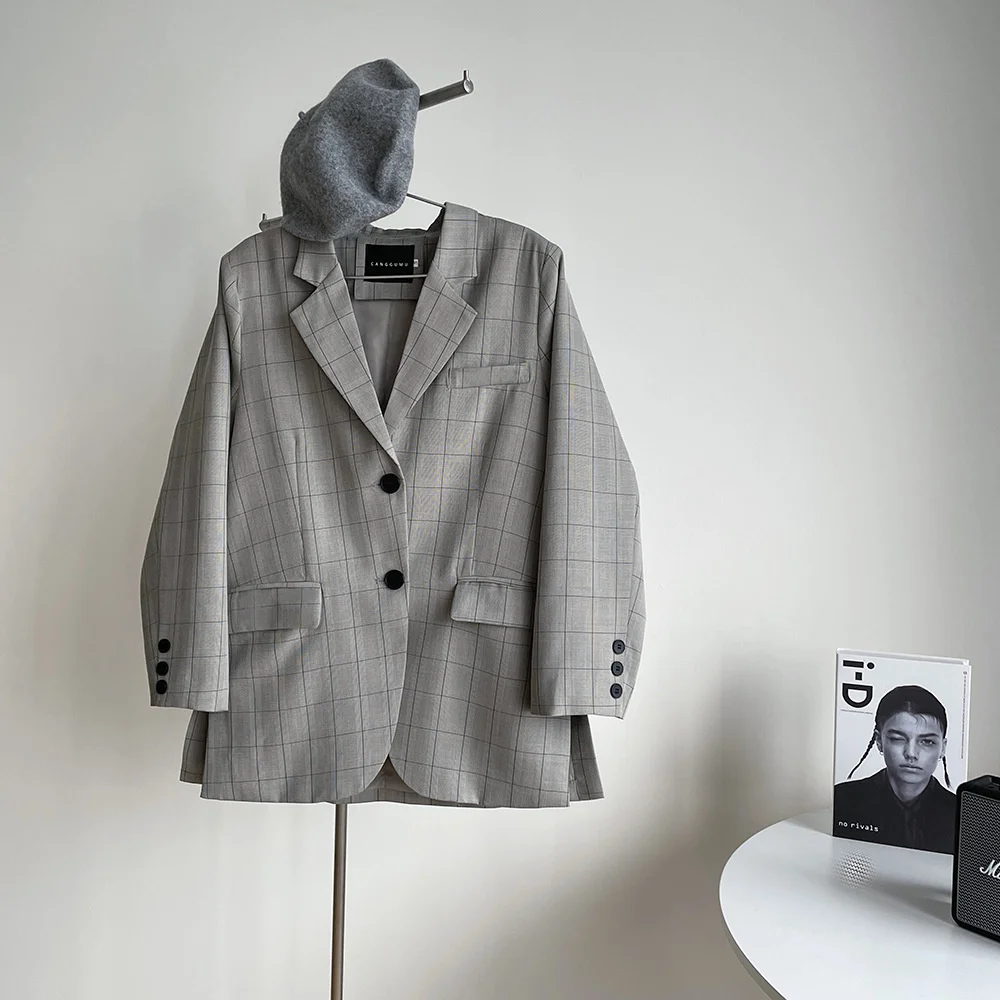 

Flap Dual Pocket Plaid Button Up Side Split Blazer Gray Spring Korean Style Thin Women Coat