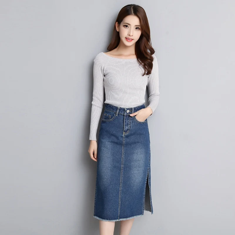 

Limiguyue Spring Women Retro Long Jeans Skirt Denim Skirt high waisted thin vintage elegant Straight Split Skirts Longue K131