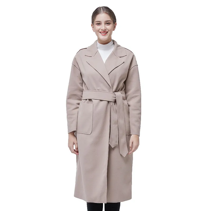 

Women Winter Lapel Mid-Long Wool Blends Coat 2021 Ladies Warm Trench Outerwear with Belt Female Oversized Windbreaker Coats