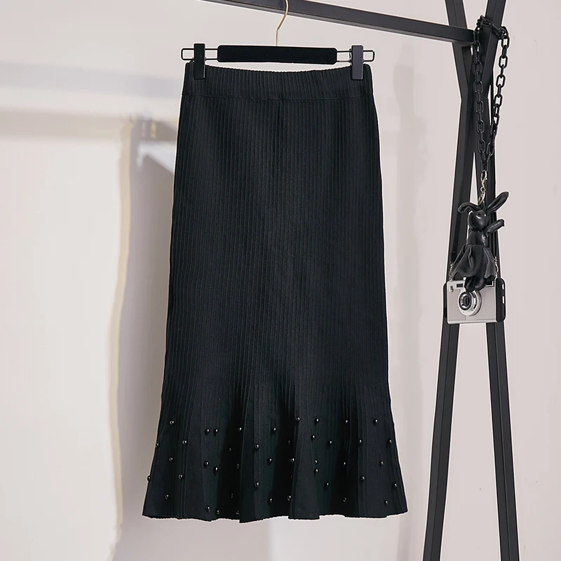 Женская юбка мода Вязание Русалочка жемчуг зима Юбка карандаш шерсть Большая