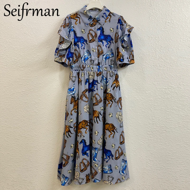 

Seifrmann New 2021 Summer Women Fashion Runway Midi Dress Lantern Sleeve Ruffles High Waist Print Ladies A-Line Dresses Vestidos