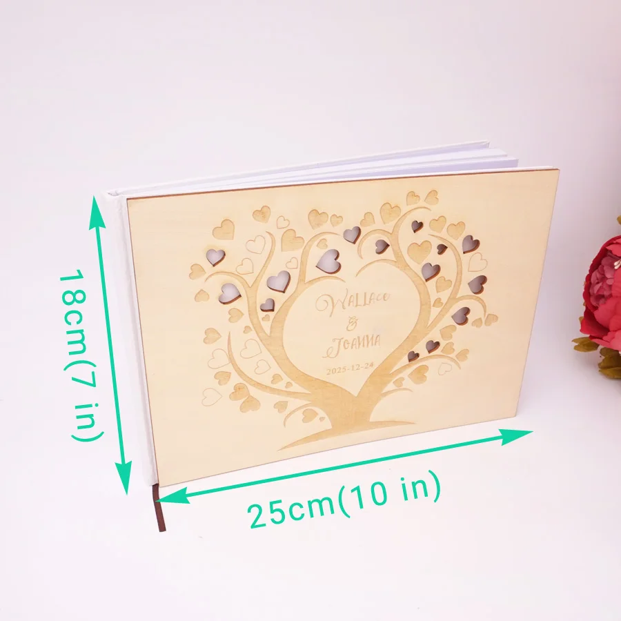 

Custom Guestbook Hollow Out Heart Tree Wooden Cover Wedding Guest Book Personalized White Blank Anniversary Gifts 25*18cm