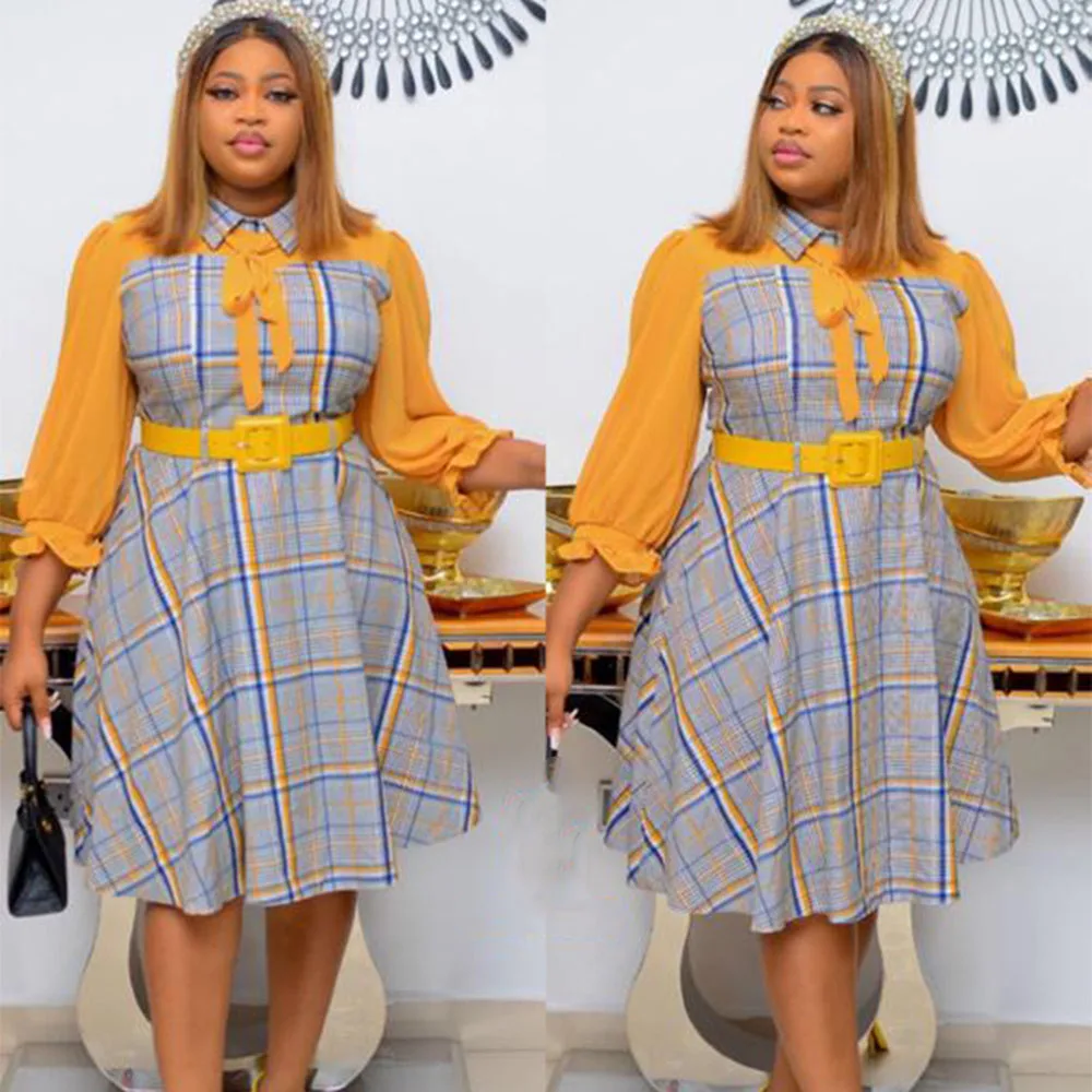 

Autumn New 2021 Fashion Women Dress Lattice Color Contrast African Casual High Waist Long Sleeve Lapel Simplicity Dress