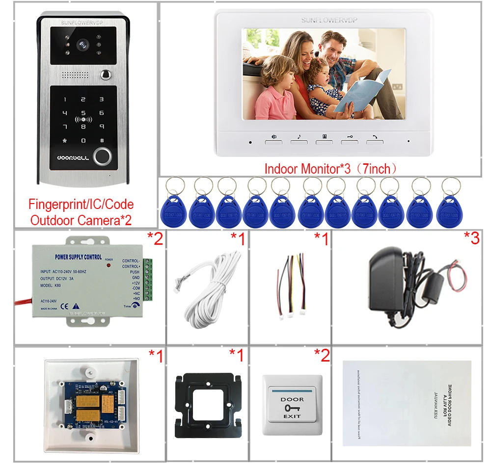 Home Intercom IP55 Waterproof Video Intercom Fingerprint IC Video Intercom With Door Opening video door+Electronic Door Lock Kit