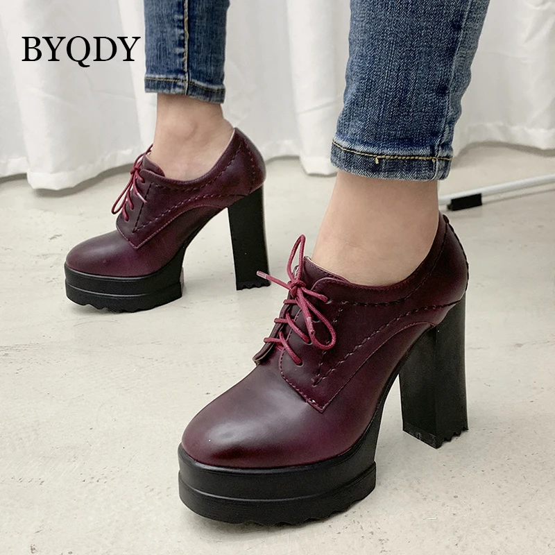 

BYQDY Wedge Heels Patent Leather Woman Shoes Thick High Heel Pumps Round Toe Platform PU Lace up Casual Shoes Big Size 41-42